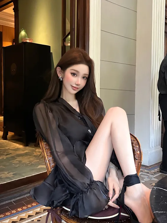 甜御旋律 法式纯欲风性感辣妹气质高级感飘带花边袖衬衫黑色上衣