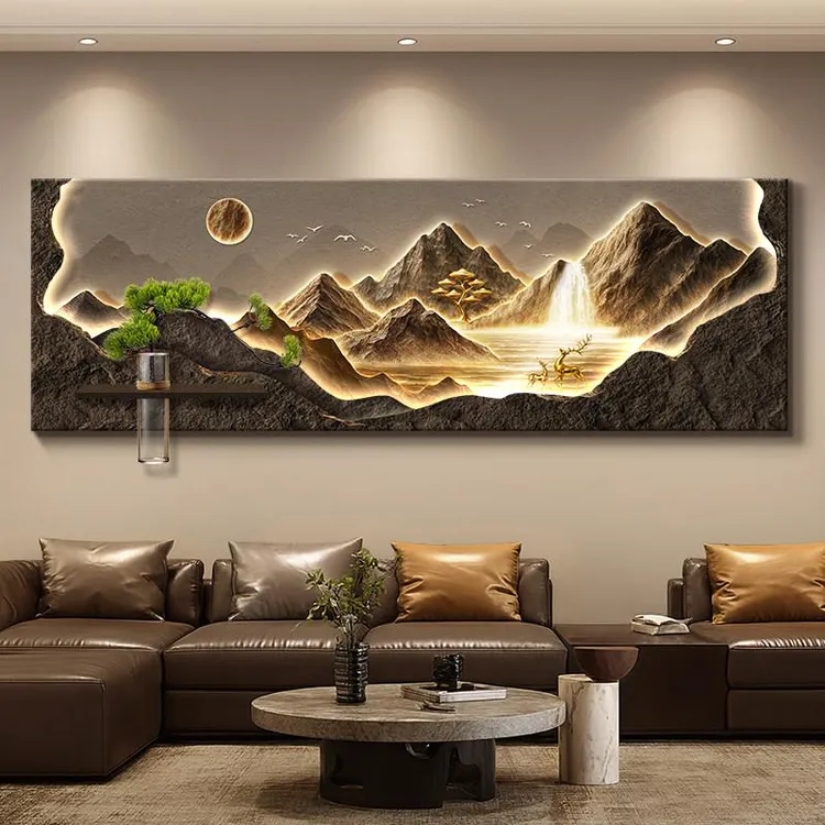 聚宝盆轻奢客厅装饰画高级感沙发背景墙挂画大气山水大白墙壁画