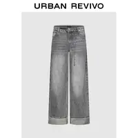 UR2025冬季新款女装复古水洗腰链翻折牛仔长裤UWG850195