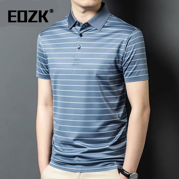 Eozk男士短袖T恤带领细条纹凉爽丝滑有垂感高级感品质POLO衫半袖