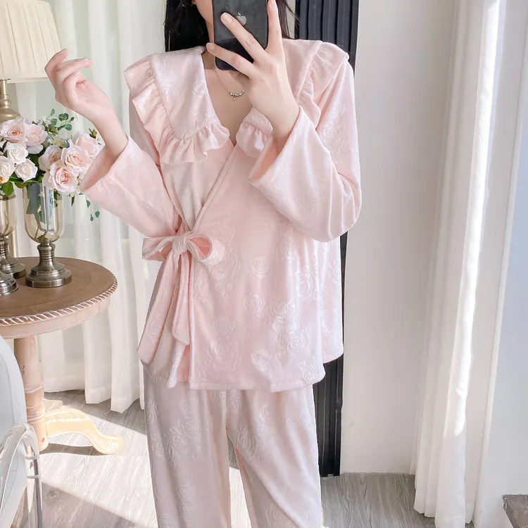 海岛绒睡衣女款2024秋冬新款加绒加厚长袖甜美法兰绒睡衣双面绒