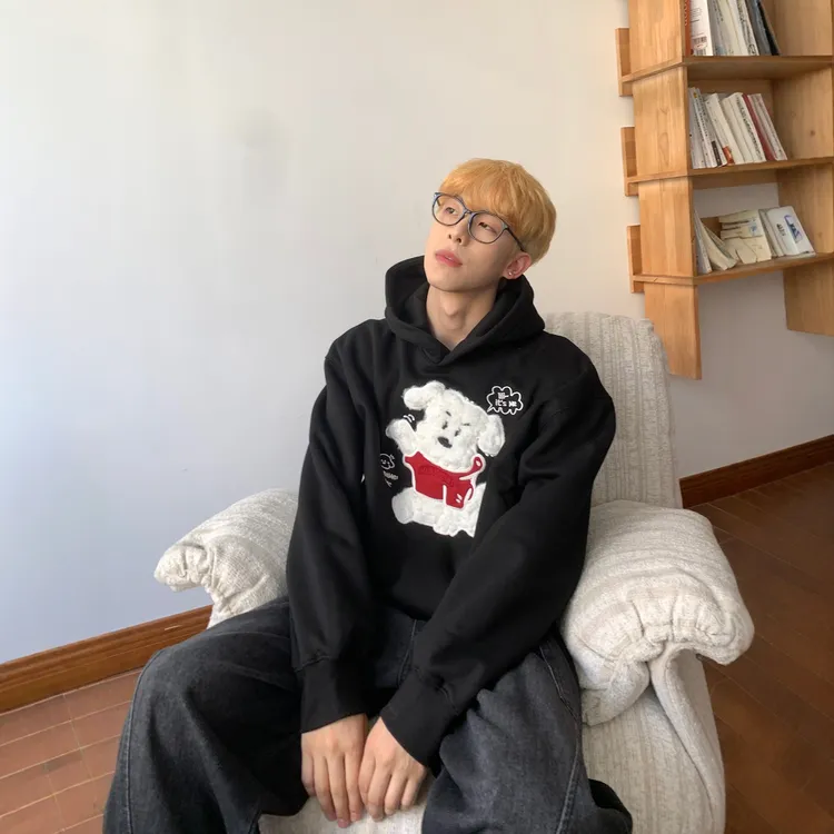 AP MMDD西高地小狗刺绣连帽套头卫衣男秋季潮流宽松百搭上衣情侣