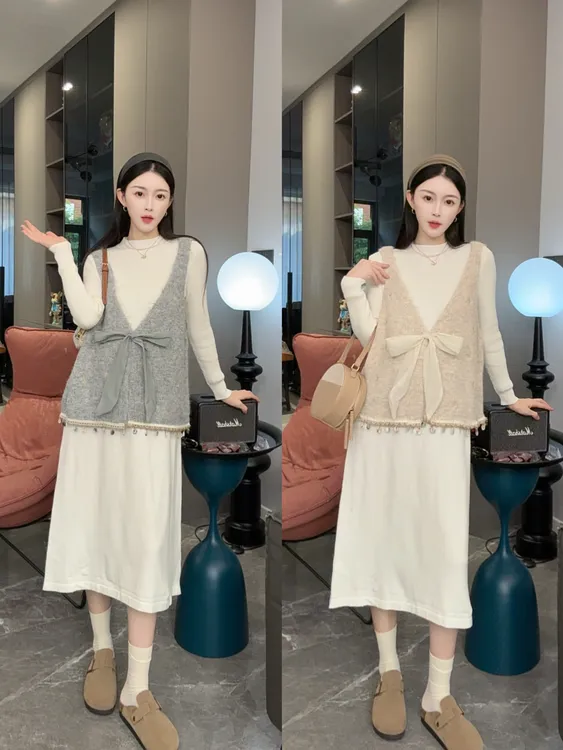 时尚宽松显瘦2025秋冬毛衣马甲蝴蝶结刺绣针织打底衫连衣裙两件套