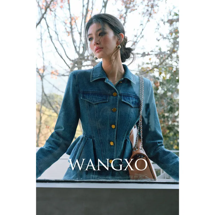 WANGXO 设计感荷叶摆高级复古牛仔套装  2401506W
