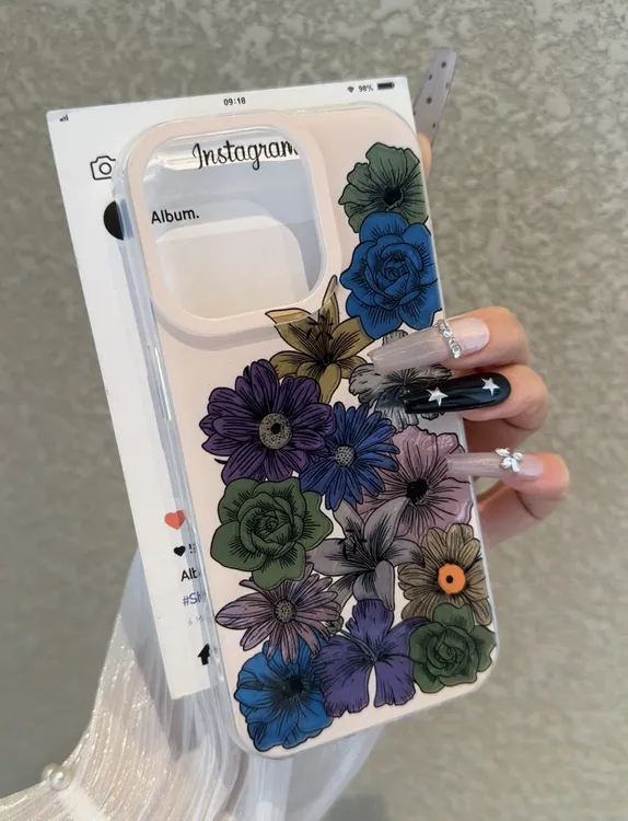 复古彩色百合菊花牡丹适用苹果16promax手机壳15冰川纹14女13防摔