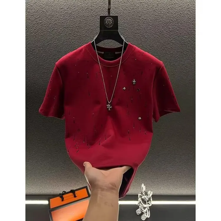 夏季短袖上衣重工轻奢高定流星满钻美式印花破洞T恤男士圆领半袖