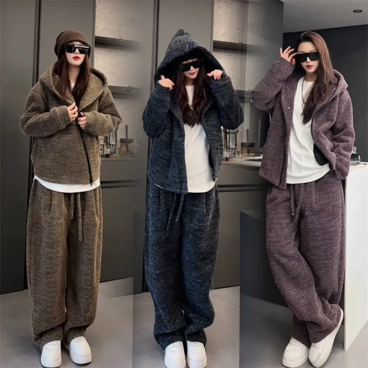 定制情侣款新款套装时尚痞帅撞色绒斜拉链连帽外套宽松休闲裤
