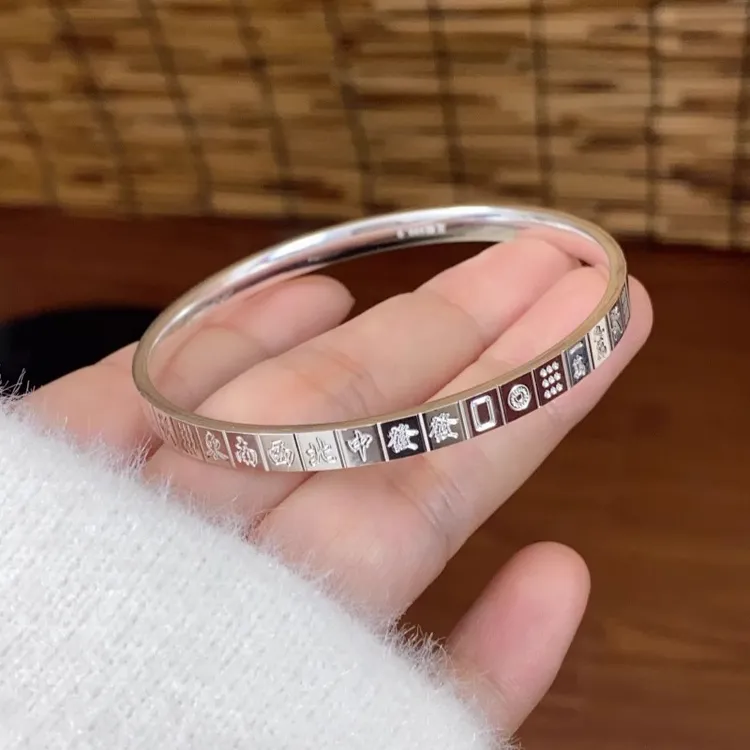 足银手镯 十三幺麻将999纯银手镯女闭口实心足银镯子情人节送女友