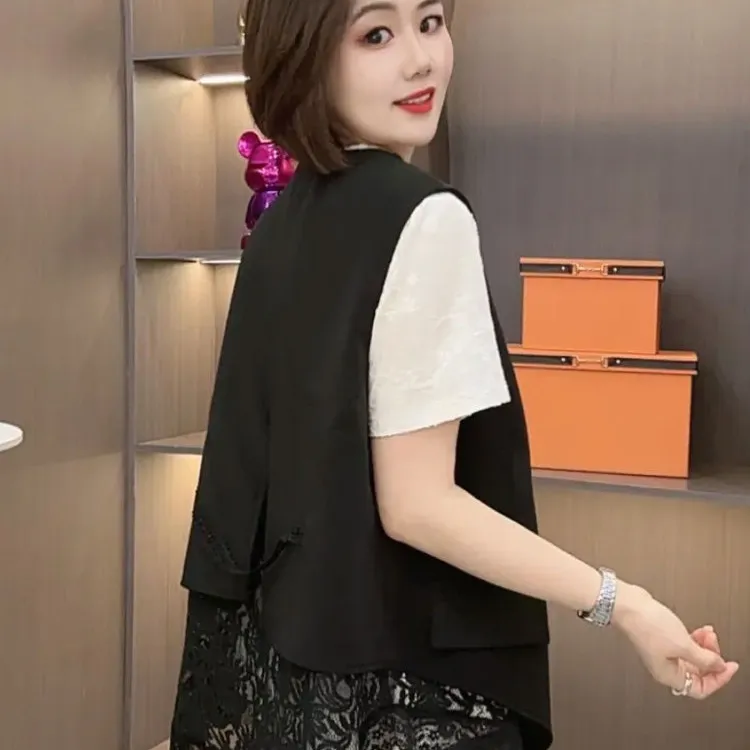 春秋新款蕾丝拼接西装马甲女2025韩版时尚黑色马夹修身百搭上衣