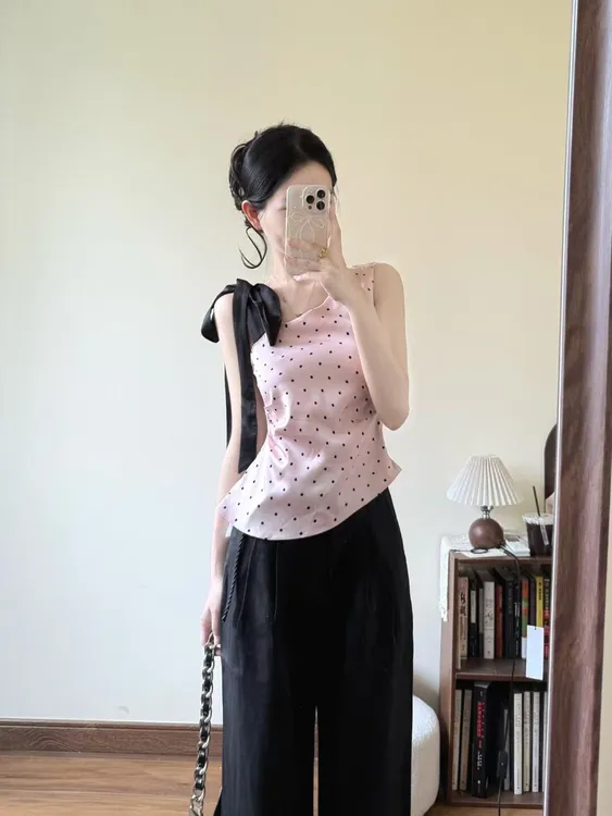 纯欲风波点绑带斜肩粉色吊带背心女夏季新款高腰黑色裤子套装