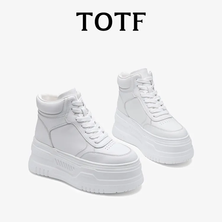 TOTF白色厚底高帮鞋2025秋冬新款加绒松糕鞋百搭增高休闲真皮短靴