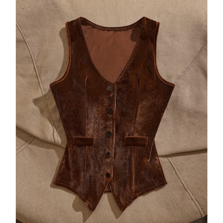 韩版高级显瘦丝绒V领背心女外穿单排扣无袖时尚气质西装内搭上衣