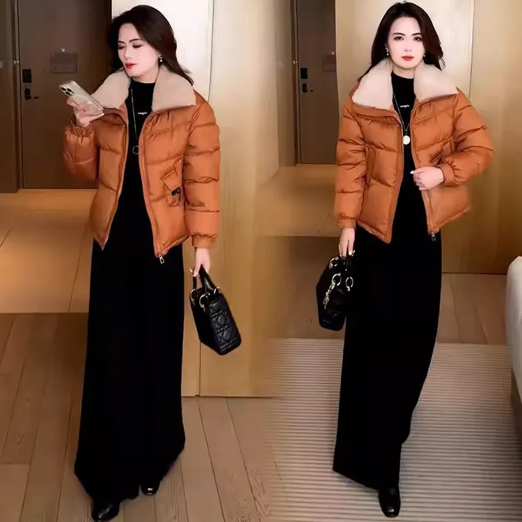时尚短款羽绒棉服女冬季洋气显瘦百搭加厚保暖羊毛领拼接棉袄外套