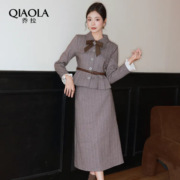 QIAOLA/乔拉【微风午后】小众设计斜纹毛呢单排扣轻奢外套套装