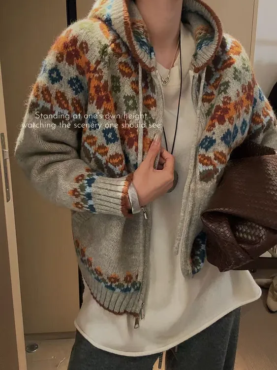 【织纹绮梦】费尔岛复古提花拉链连帽款毛衣针织外套