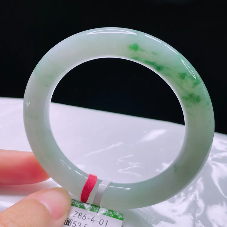 天然缅甸A货翡翠53-54圈口糯冰绿底飘花水润起冰化胶细腻圆条耐看