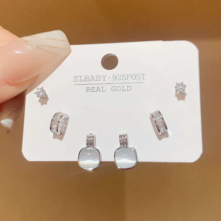 925银玻璃耳饰 925银玻璃耳饰耳钉精致小巧猫眼石方块三件套组合