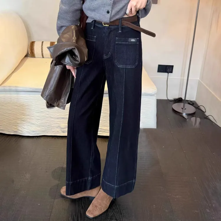 黑金色阔腿牛仔裤女2025冬季加绒新款胖MM梨形身材宽松显瘦直筒裤