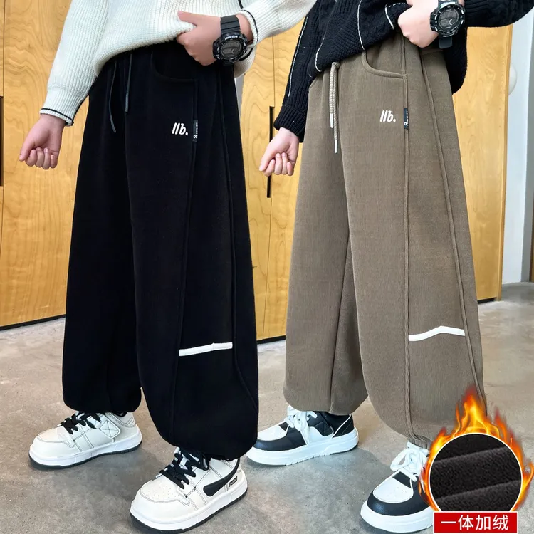 男童加绒裤子冬装2025新款中大童一体绒加厚长裤秋冬季儿童休闲裤