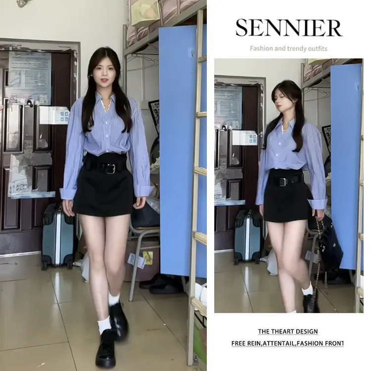 韩系穿搭2025夏季新款百搭蕾丝条纹长袖衬衫显瘦高腰短裙两件套女