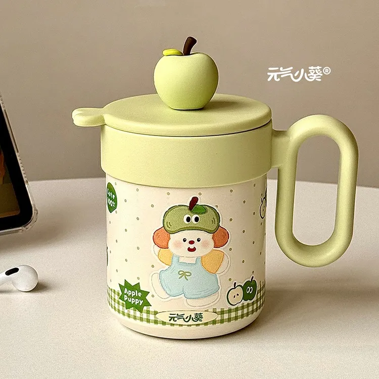 可爱保温杯便携手柄316不锈钢卡通苹果小狗女生家用水杯陶瓷内胆
