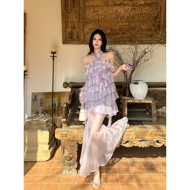 度假感慵懒不规则网纱立体玫瑰挂脖分体鱼尾长裙