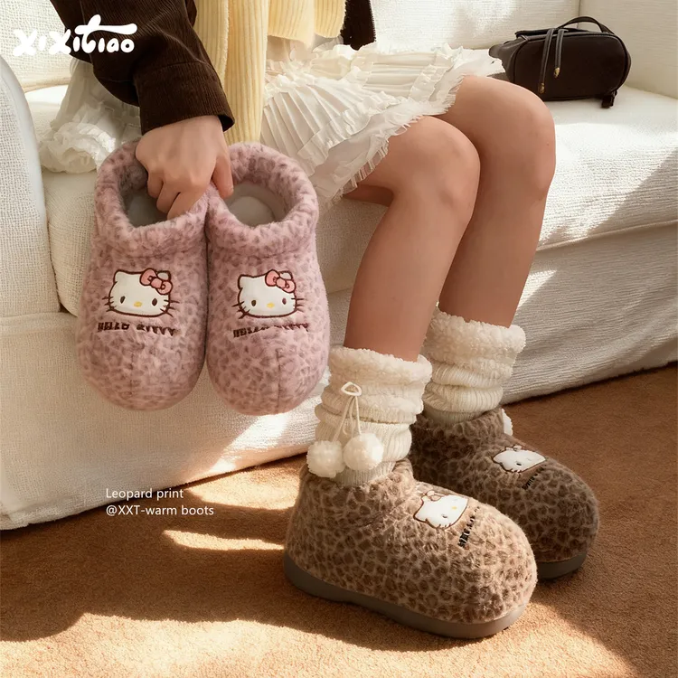 细细条 正版HelloKitty毛毛靴女保暖防滑加厚雪地靴冬可爱棉拖鞋