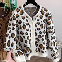 91 小香风豹纹短款针织开衫气质减龄圆领外搭叠穿毛衣