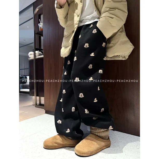 PEACHZHOU 加绒米鼠印花卫裤松紧腰可调节裤脚宽松直筒减龄阔腿裤