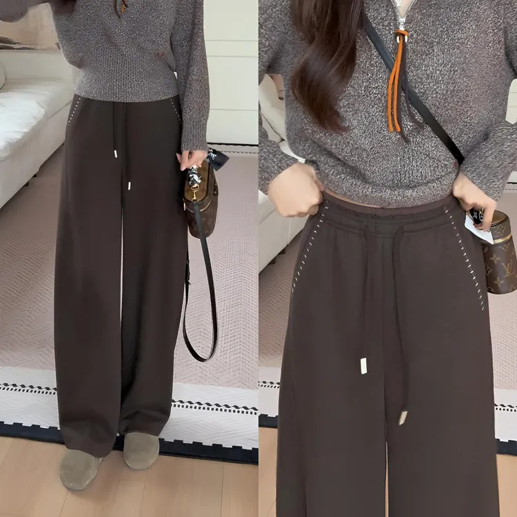 【余欢欢】秋冬休闲百搭腰部拼接口袋刺绣羊毛裤-YHK50375