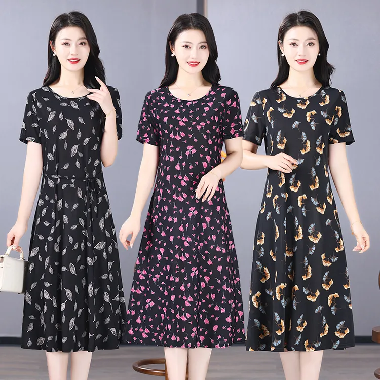 宽松连衣裙大码显瘦时尚气质中老年妈妈装连衣裙过膝碎花遮肚