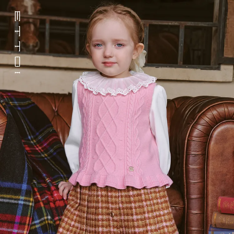 ETTOI2025秋新款八字花针织衫百搭无袖波浪边藕