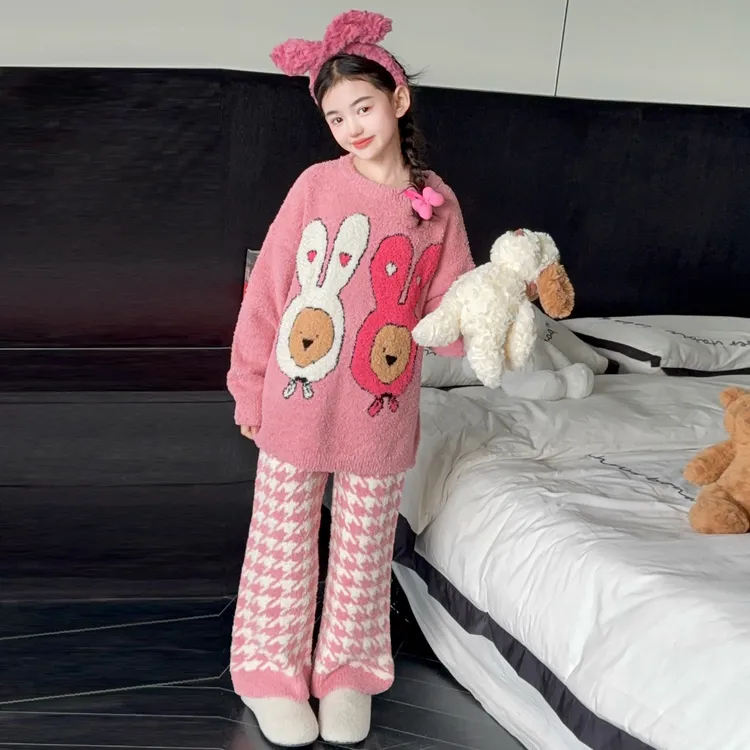 女童卡通兔子家居服秋冬半边绒加厚保暖中大童甜美洋气睡衣可外穿