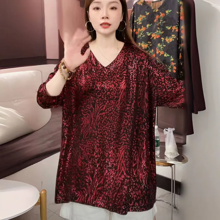 红豹纹时尚复古女2025新款红色洋气不规则碎花上衣长袖