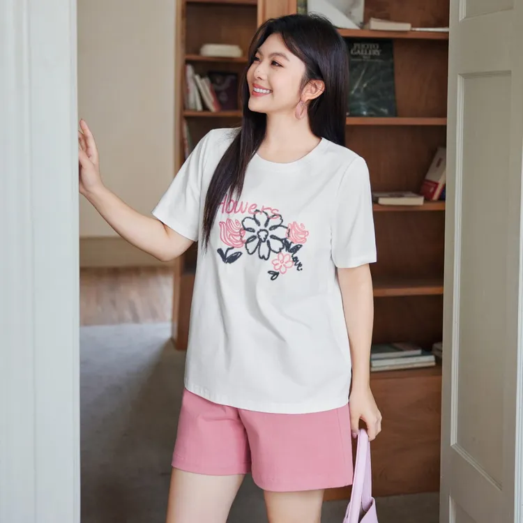 【凉感索罗娜棉】MsShe大码女装夏装宽松刺绣正肩短袖T恤K2503034