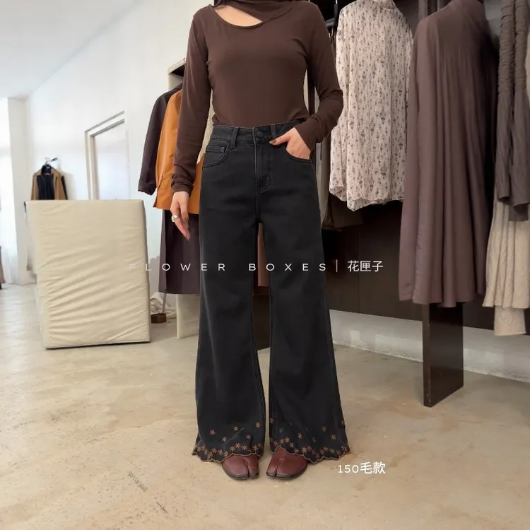花匣子筒喇牛仔裤冬季加绒67150高级复古美式花卉刺绣直筒喇叭裤