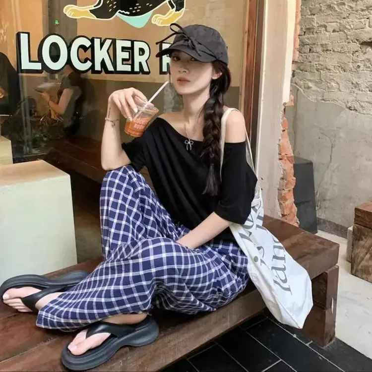 冰丝大码胖m200斤格子阔腿裤女夏季新款宽松高腰休闲休闲裤拖地裤