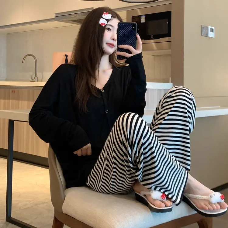 新款条纹长袖睡衣女莫代尔棉显瘦春秋季韩版秋冬家居服甜美慵懒风