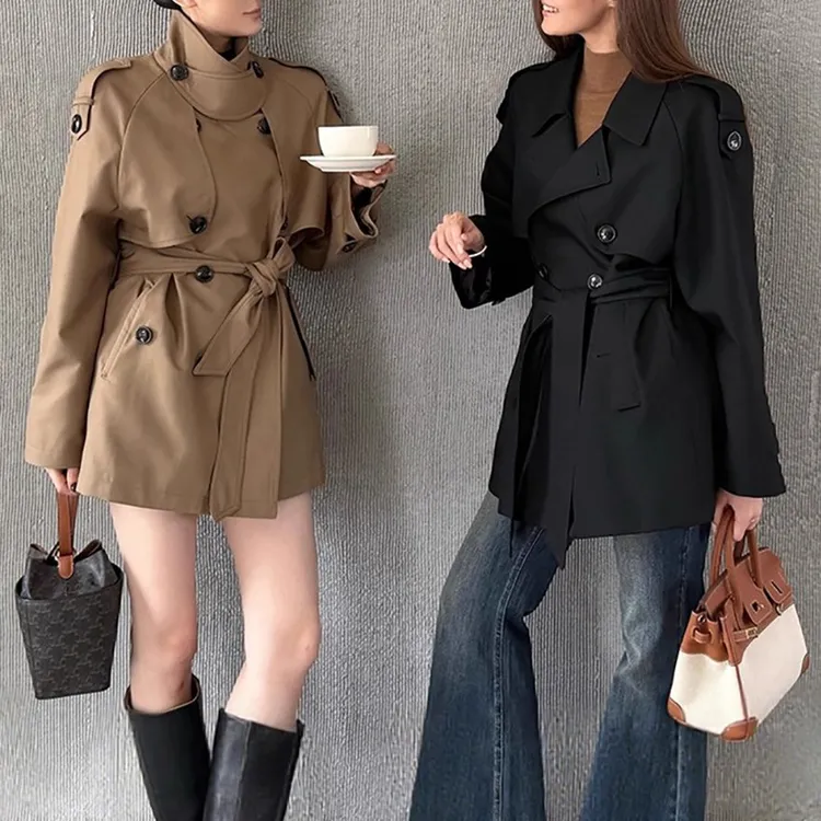 yh【巴黎旧梦2.0】经典廓形翻领收腰短款风衣外套女