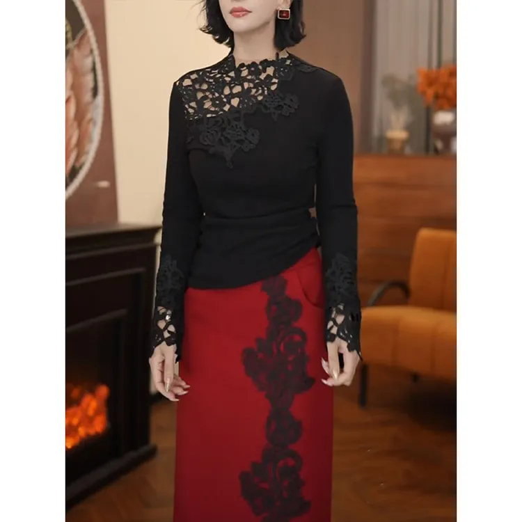 法式蕾丝拼接T恤打底衫女2025冬季新款洋气时髦气质假透肤上衣