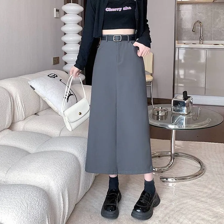 厚款西装中长款a字裙女士秋冬时尚后裙摆开叉包臀长裙高腰垂感