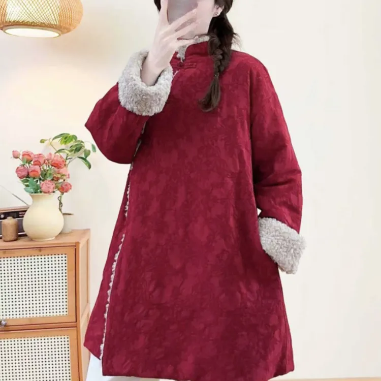亚麻100%压花袍子女士冬季款棉服