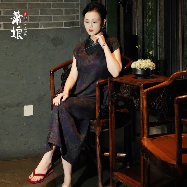 萧娘【三公紫】纱罗红云纱连衣裙立领盘扣新中式女裙桑蚕丝长裙5479