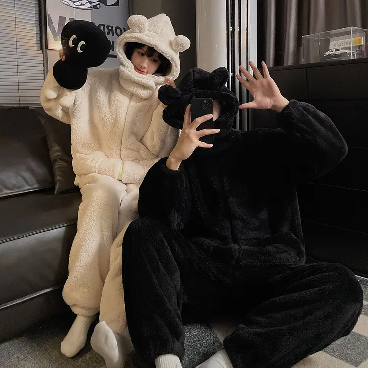 连帽情侣睡衣女冬季珊瑚绒法兰绒加厚保暖男士休闲纯色家居服套装