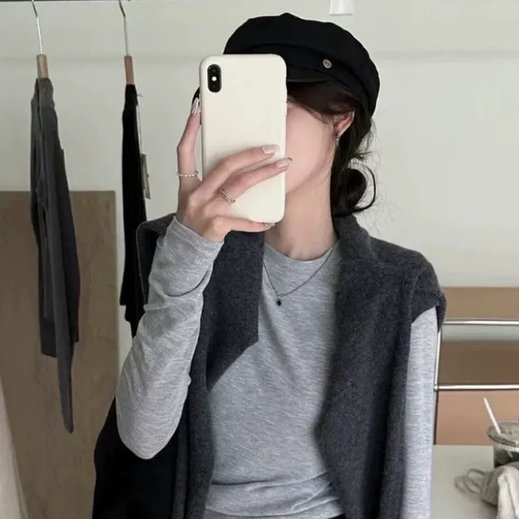E念6152韩系秋季羊绒棉圆领纯色百搭显瘦长袖T恤上衣内搭打底衫女