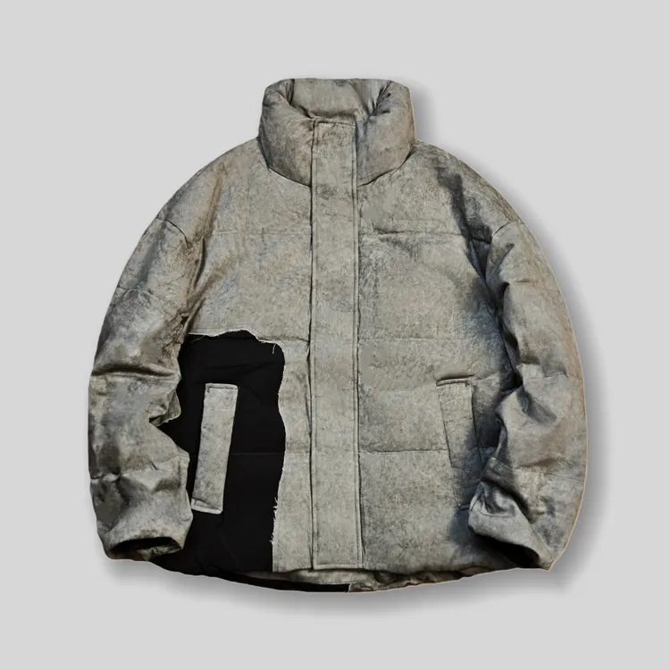 潮牌灰黑拼接撞色棉质立领加厚面包羽绒服冬季保暖90白鸭绒羽绒