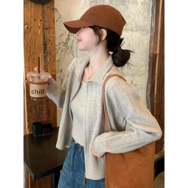 巨好看的韩系早秋穿搭一整套独特超好看针织开衫吊带背心两件套装