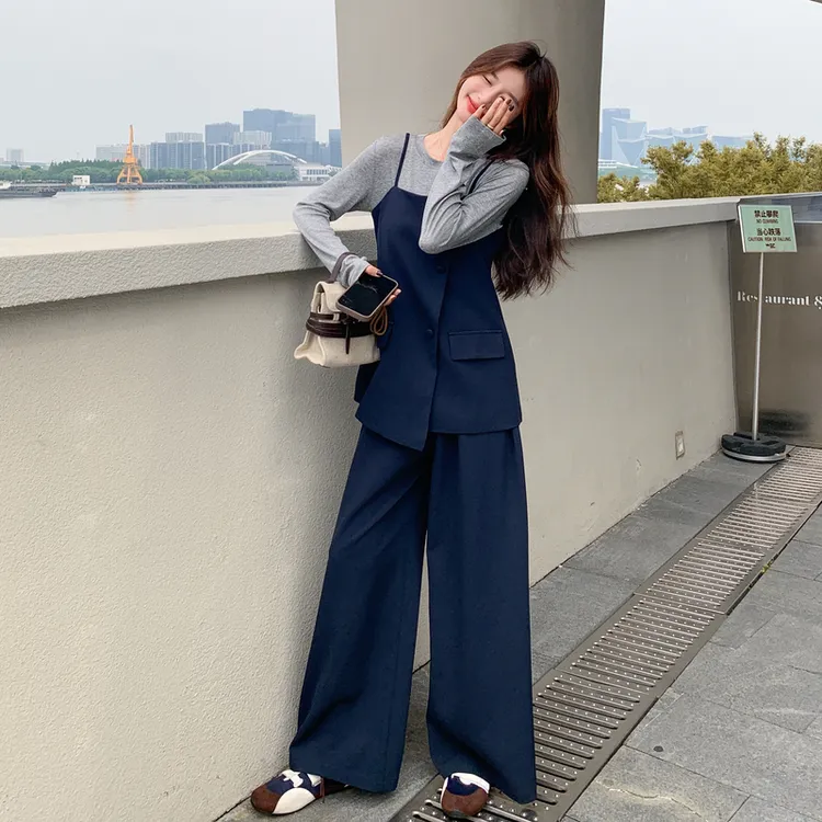 慵懒风T恤吊带阔腿裤套装2025新款女秋季韩系chic休闲穿搭三件套