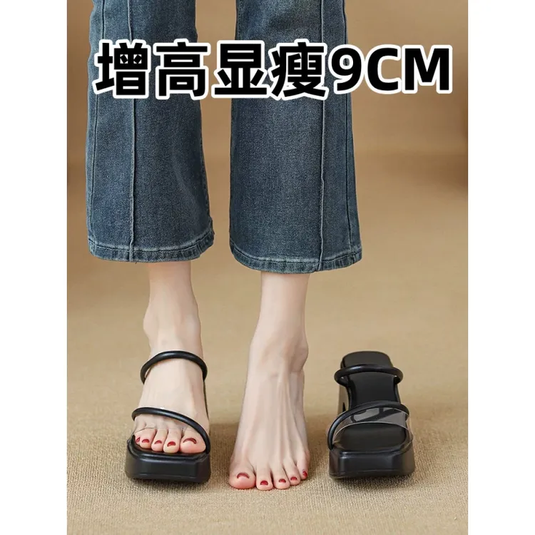 增高9CM凉拖鞋女夏厚底高跟小个子气质配裙绝美透明外穿粗跟凉鞋