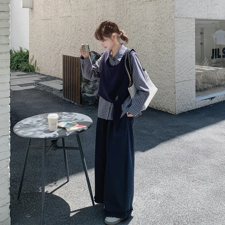 假两件格纹拼接上衣阔腿裤2025春秋新款休闲韩系ins慵懒风两件套